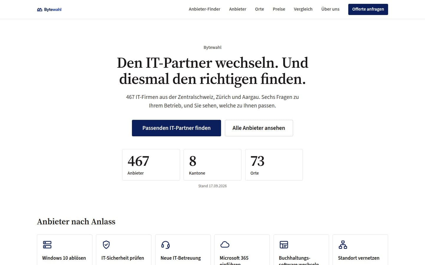 Startseite von bytewahl.ch mit der Schlagzeile «Den IT-Partner wechseln. Und diesmal den richtigen finden.»