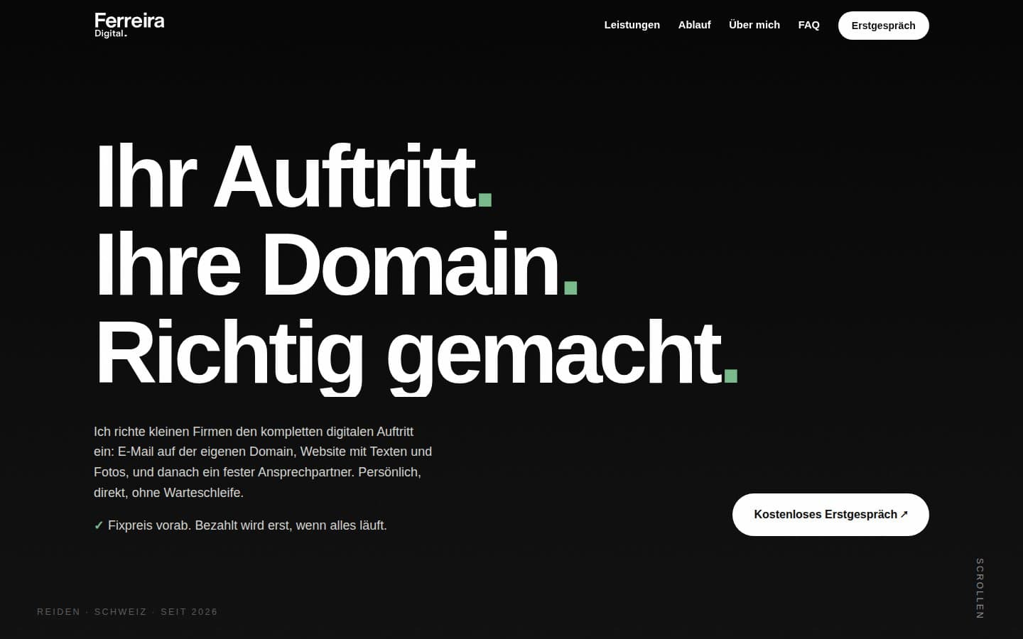 Startseite von ferreiradigital.ch mit der Schlagzeile «Ihr Auftritt. Ihre Domain. Richtig gemacht.»