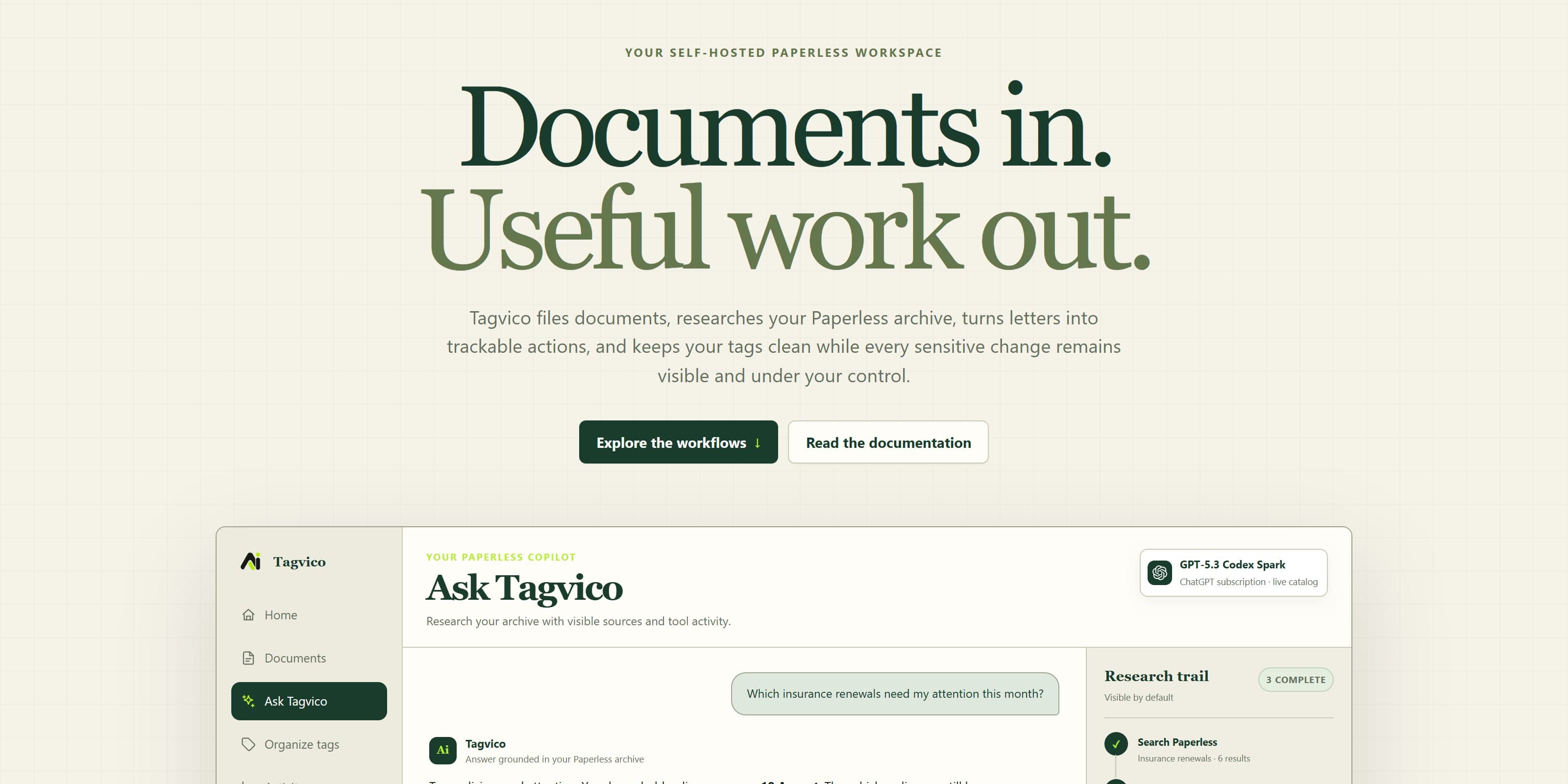Startseite von Tagvico mit der Schlagzeile «Documents in. Useful work out.»